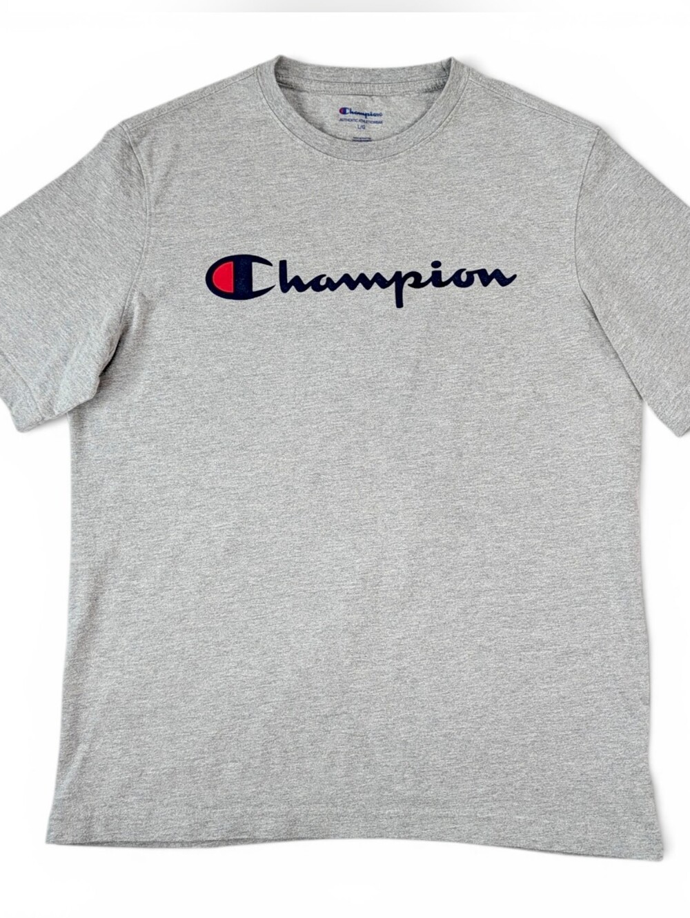 Champion T-Shirt Gray Tee Mens Large Script Logo Short Sleeve Crew Neck Athletic